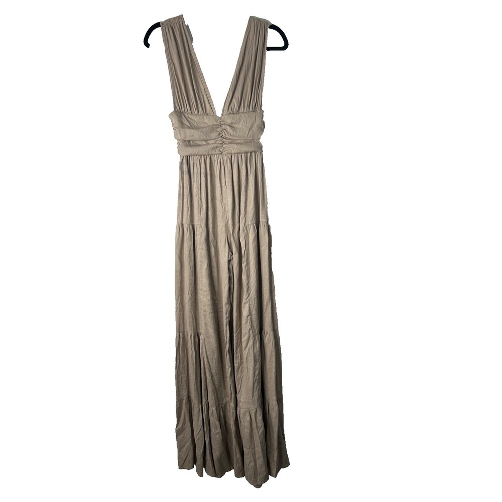 Pretty Little Thing Wide Leg Jumpsuit Size 2 Beige Linen Look Plunge Tiered